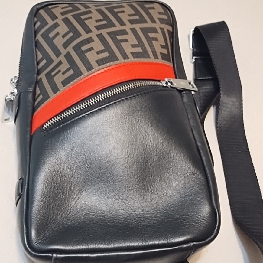 Fendi Black Leather & Brown FF Canvas Belt Bag with Red Trim